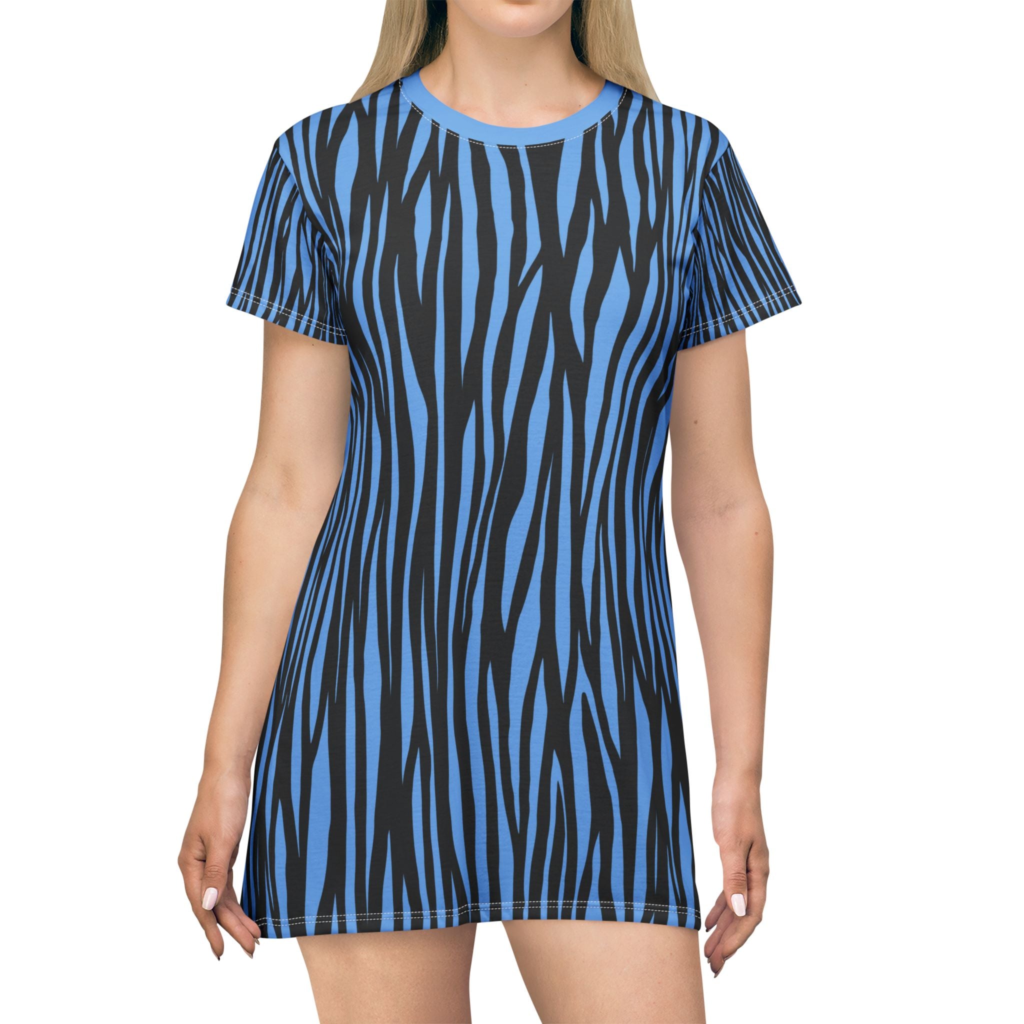Bold Blue Tiger Striped T-Shirt Dress - Fun Casual Wear for Summer